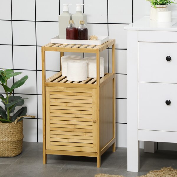 Kleankin Mobiletto Bagno in Bambù a Doghe con Armadietto a un'Anta, 33x36.5x67cm, Colore Legno Naturale