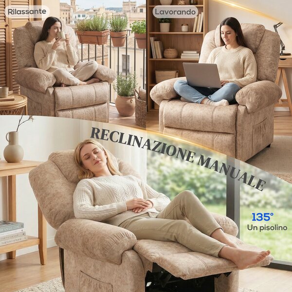 HOMCOM Poltrona Relax Reclinabile Manuale in Tessuto con Poggiapiedi Estraibile e Tasca Laterale, Beige