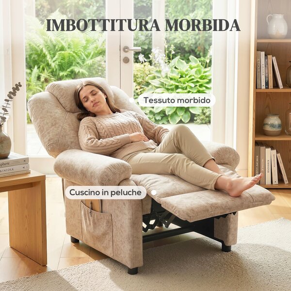 HOMCOM Poltrona Relax Reclinabile Manuale in Tessuto con Poggiapiedi Estraibile e Tasca Laterale, Beige