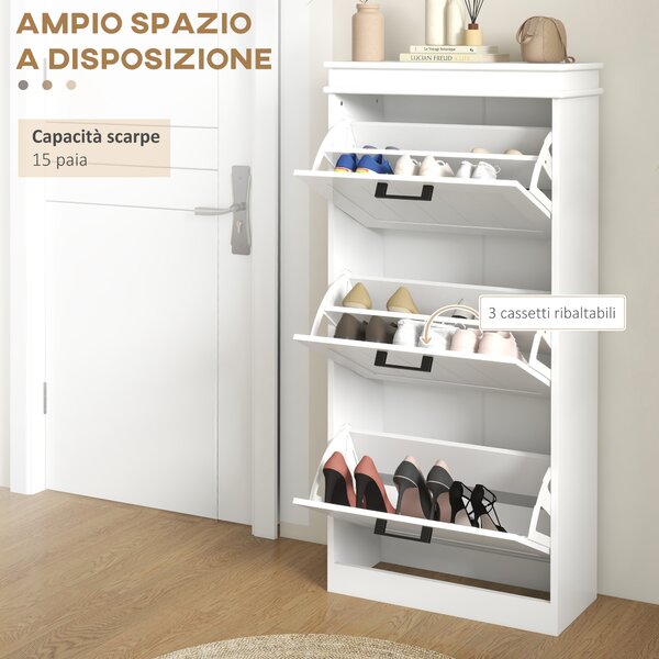 HOMCOM Armadio Scarpiera Moderna con 3 Cassetti Ribaltabili per 15 Paia di Scarpe e Ripiano Regolabile, 54x24x117.5cm, Bianco| Aosom Italy