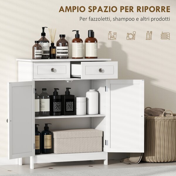 Kleankin credenza Moderno Bagno e cucina a 2 Ante con Ripiano Regolabile e 2 Cassetti in Legno,Design anti-ribaltamento, 60x30x75 cm, Bianco |Aosom Italy