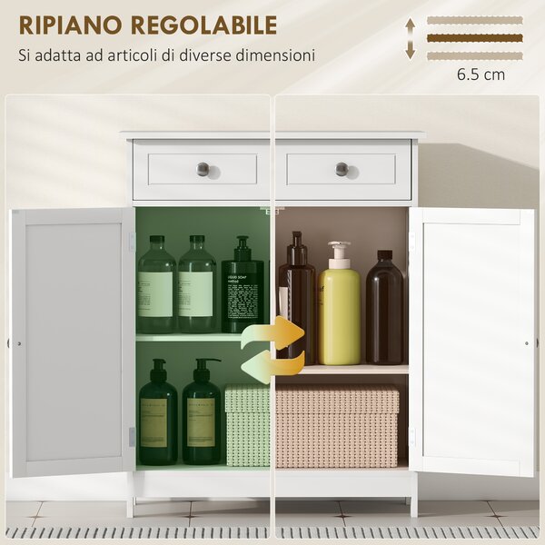 Kleankin credenza Moderno Bagno e cucina a 2 Ante con Ripiano Regolabile e 2 Cassetti in Legno,Design anti-ribaltamento, 60x30x75 cm, Bianco |Aosom Italy