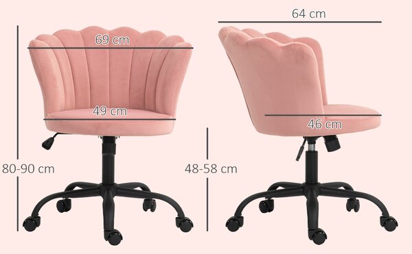 HOMCOM Sedia da Ufficio con Schienale a Petalo Senza Braccioli con Altezza Regolabile, Rivestimento in Velluto, Rosa
