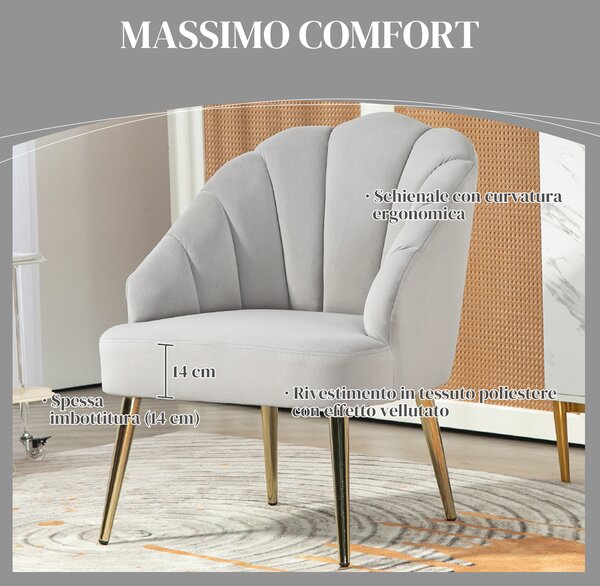 HOMCOM Poltrona in Velluto da Camera e Salotto a Conchiglia Stile Art Deco, Poltrona Design Moderno con Gambe in Acciaio, Grigio | Aosom Italy