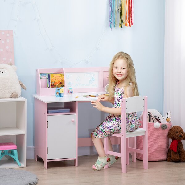 HOMCOM Set Tavolo e Sedie per Bambini 5+ Anni in Legno con Banco Scuola 90x45x85 cm e Sedia 29x29x66 Bianco e Rosa