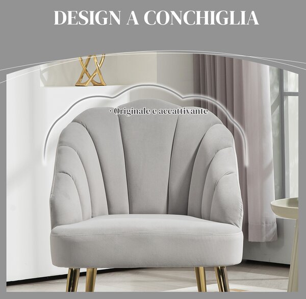 HOMCOM Poltrona in Velluto da Camera e Salotto a Conchiglia Stile Art Deco, Poltrona Design Moderno con Gambe in Acciaio, Grigio | Aosom Italy