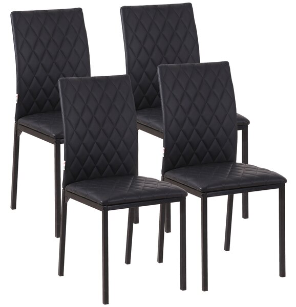 HOMCOM Set 4 Sedie moderno da Pranzo in Finta Pelle per Cucina e Soggiorno con Cuciture a Rombi e Gambe in Metallo, Nero|Aosom Italy