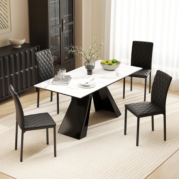 HOMCOM Set 4 Sedie moderno da Pranzo in Finta Pelle per Cucina e Soggiorno con Cuciture a Rombi e Gambe in Metallo, Nero|Aosom Italy