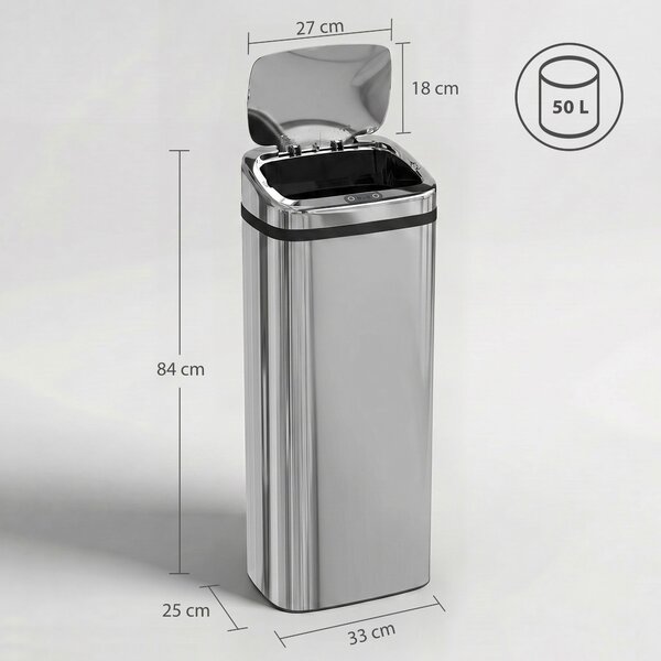 HomCom Cestino dei Rifiuti Rettangolare in Acciaio Inox con Sensore a Infrarossi, 50L|Aosom