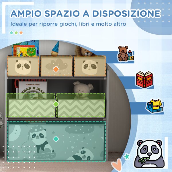 ZONEKIZ Scaffale Portagiochi per Bambini con 6 Contenitori Rimovibili in Tessuto, 63x30x66cm, Grigio
