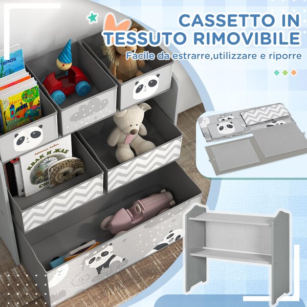 ZONEKIZ Scaffale Portagiochi per Bambini con 6 Contenitori Rimovibili in Tessuto, 63x30x66cm, Grigio