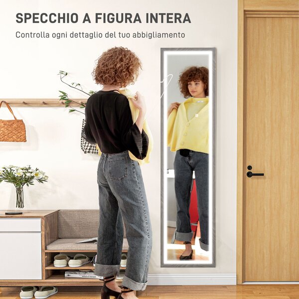 HOMCOM Specchio Illuminato con Luci LED Regolabili e Pulsante Touch, in Vetro e MDF, 40x5x160 cm, Grigio | Aosom Italy