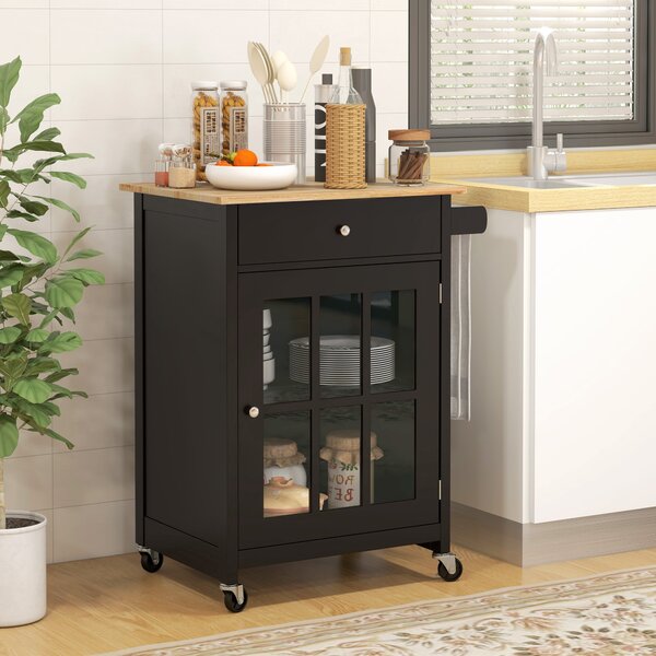 HOMCOM Carrello Cucina Portafrutta con Ruote Cassetti e Armadietto Regolabile, Antina in vetro e Portasciugamani, in Legno, Nero e Rovere|Aosom Italy