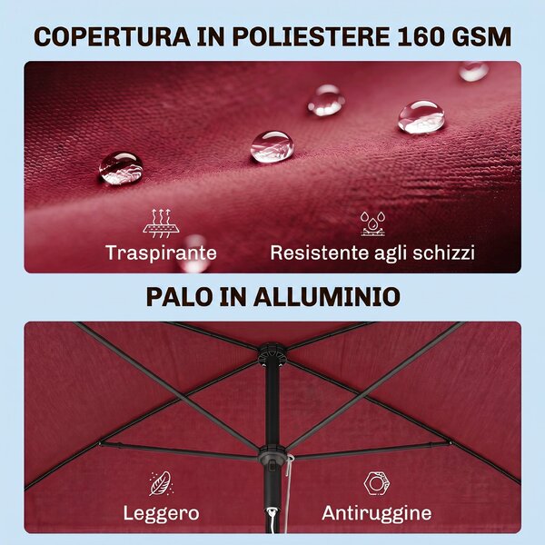Outsunny Ombrellone da Giardino Rettangolare con Inclinazione Regolabile e Palo in Alluminio, 198x130x240cm, Rosso e Nero|Aosom