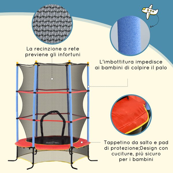 HOMCOM Trampolino per Bambini con Tappeto Elastico, Rete di Sicurezza e Pali Imbottiti, Età 3-10 Anni, Blu