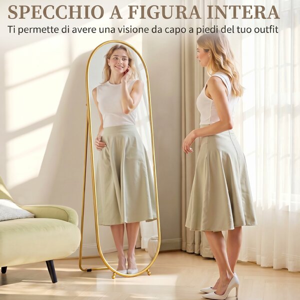 HOMCOM Specchio Verticale Ovale da Terra o a Parete con Supporto, in Vetro e Metallo, 40x41x159 cm, Tonalità Oro