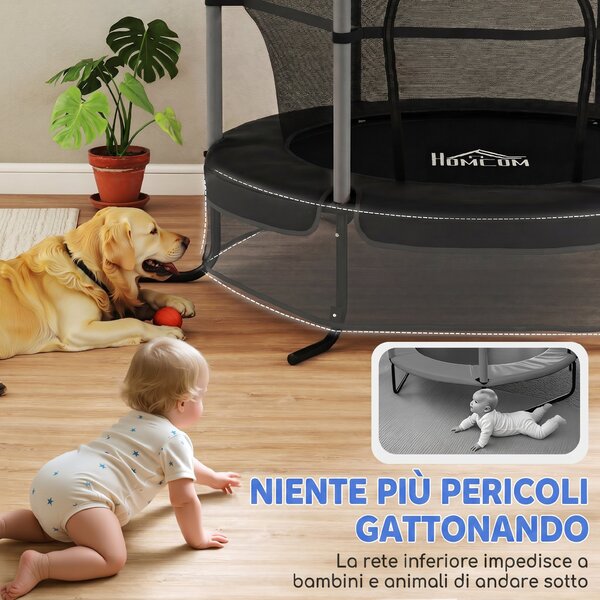 HOMCOM Trampolino Elastico per Bambini Ø1.6x1.9 m con Rete di Sicurezza e Pali Imbottiti, Età 3-10 Anni, Nero