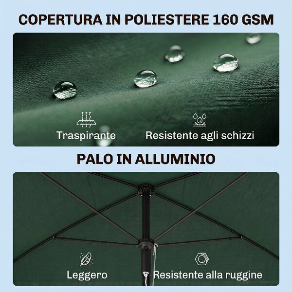 Outsunny Ombrellone da Giardino Rettangolare 2x2.4 m con Inclinazione Regolabile e Palo in Alluminio, Verde e Nero|Aosom