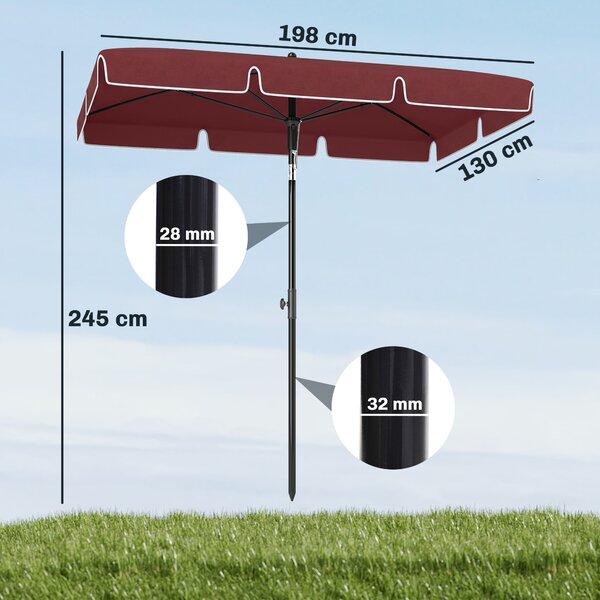 Outsunny Ombrellone da Giardino Rettangolare e Regolabile con Palo in Alluminio, 2x1.3x2.5 m, Rosso Vino