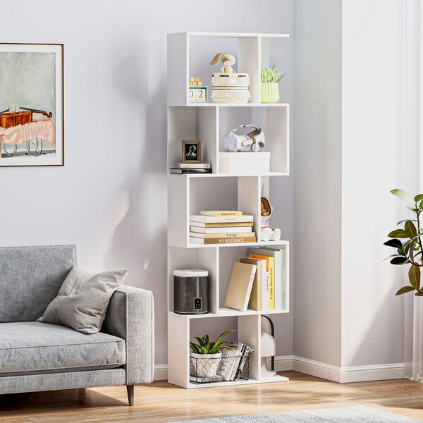 HOMCOM Scaffale Libreria Versatile a 5 Ripiani, Salvaspazio a Forma di S in Legno con Divisorio, 60x24x184.5 cm, Bianco| Aosom Italy