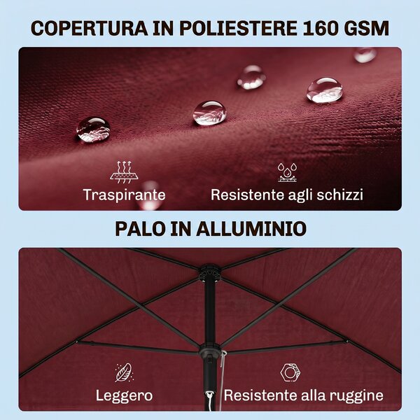 Outsunny Ombrellone da Giardino Rettangolare e Regolabile con Palo in Alluminio, 2x1.3x2.5 m, Rosso Vino