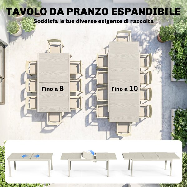 Outsunny Tavolo da Giardino Allungabile per 8-10 Persone, in Alluminio e Acciaio, 154/214x85x75 cm, Grigio Chiaro | Aosom Italy