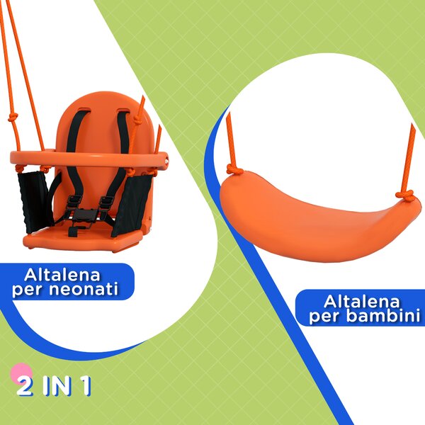 Outsunny Altalena da Giardino 2 in 1 per Neonati e Bambini da 6 Mesi a 8 Anni, Arancione e Blu