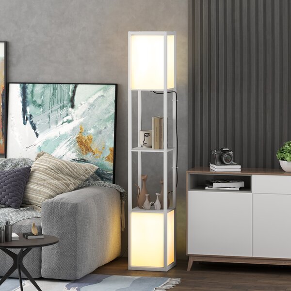 HOMCOM Lampada da Terra Moderna con 2 Paralumi e 2 Ripiani per Lampadine E27 Max. 40W, 26x26x156 cm, Bianco