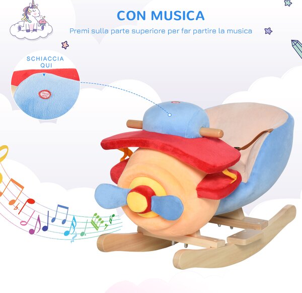 HOMCOM Dondolo a Forma di Aeroplano per Bambini di Età Superiore a 18 Mesi con Musica Incorporata in Legno Alamo, Max:60kg 60x33x45cm|Aosom