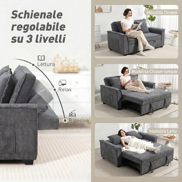 HOMCOM Divano Letto a 2 Posti con Schienale Regolabile e 2 Cuscini, 168x85x86 cm, Grigio Scuro | Aosom Italy