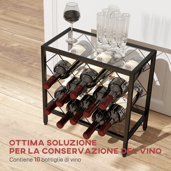 HOMCOM Scaffale Portabottiglie Vini con Piano d'Appoggio in Vetro, I piedini regolabili per 10 Bottiglie in Acciaio Nero, 41x22x4cm|Aosom Italy