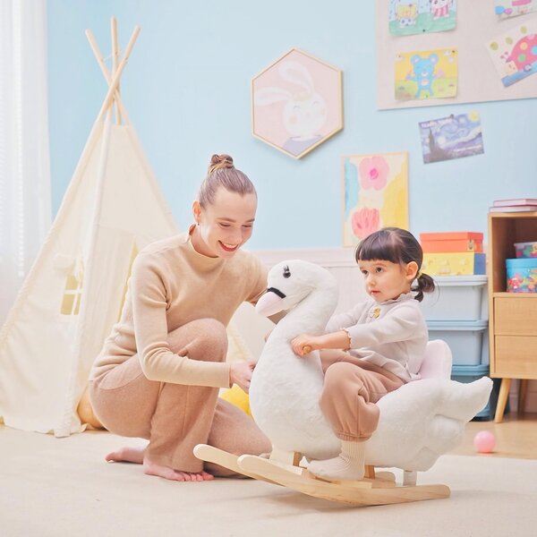 HOMCOM Cavallo a Dondolo a Forma di Cigno con Musica, Struttura in Metallo e Legno, Rivestimento Peluche, 60x32x55cm, Bianco|Aosom