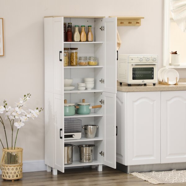 HOMCOM Mobile Dispensa da Cucina in Legno con 5 Ripiani Regolabili e 4 Ante, 60x30x170.5 cm, Bianco e color Legno