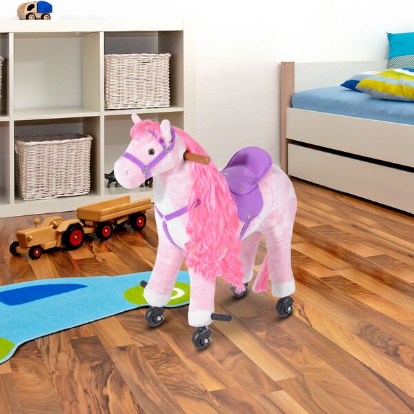 HOMCOM Cavallo a Dondolo per Bambini 3+ Anni con 4 Rotelle, Suoni Realistici e Poggiapiedi, 65x28x75 cm, Rosa|Aosom