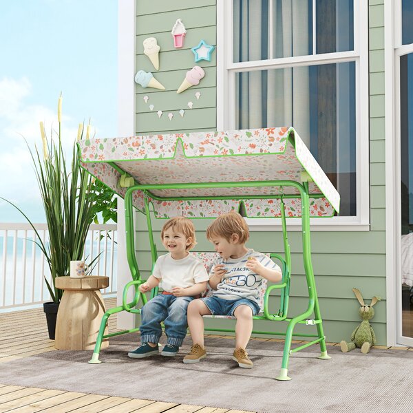 AIYAPLAY Dondolo per Bambini da Esterno a 2 Posti con Tettuccio Regolabile e Cinture di Sicurezza, 112x75x120 cm, Verde