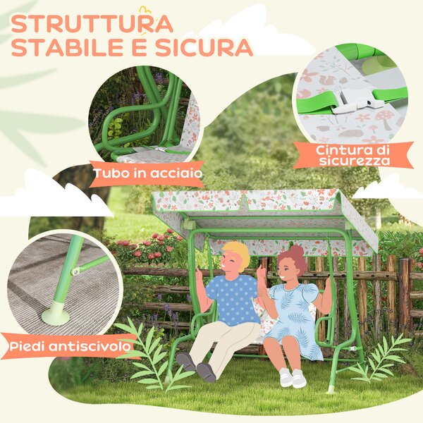 AIYAPLAY Dondolo per Bambini da Esterno a 2 Posti con Tettuccio Regolabile e Cinture di Sicurezza, 112x75x120 cm, Verde