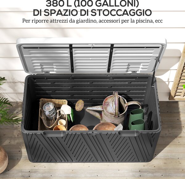 Outsunny Panca Contenitore 380L in HDPE con 2 Maniglie Laterali e Leva a Gas, 115x60x60 cm, Nero e Grigio