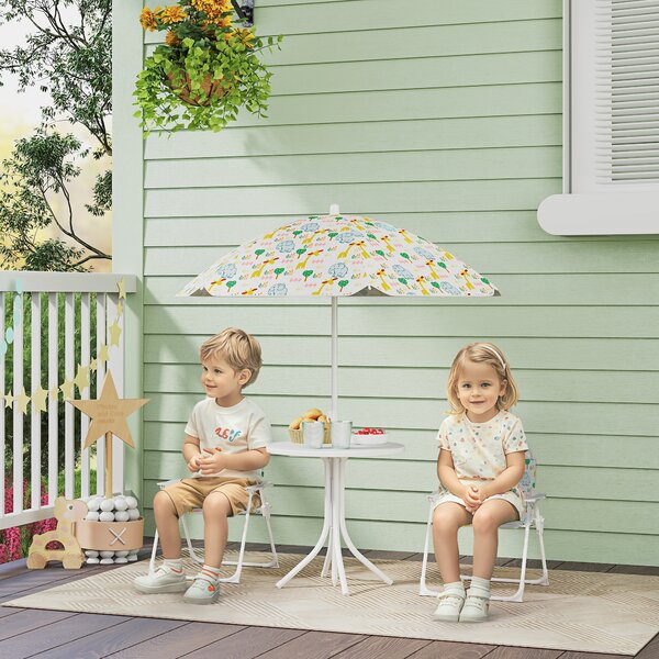 AIYAPLAY Set da Giardino per Bambini 2-5 Anni con Tavolino Rotondo, 2 Sedie Pieghevoli e un Ombrellone, Bianco