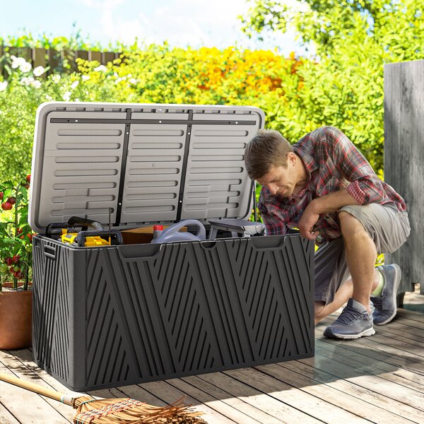 Outsunny Panca Contenitore 380L in HDPE con 2 Maniglie Laterali e Leva a Gas, 115x60x60 cm, Nero e Grigio