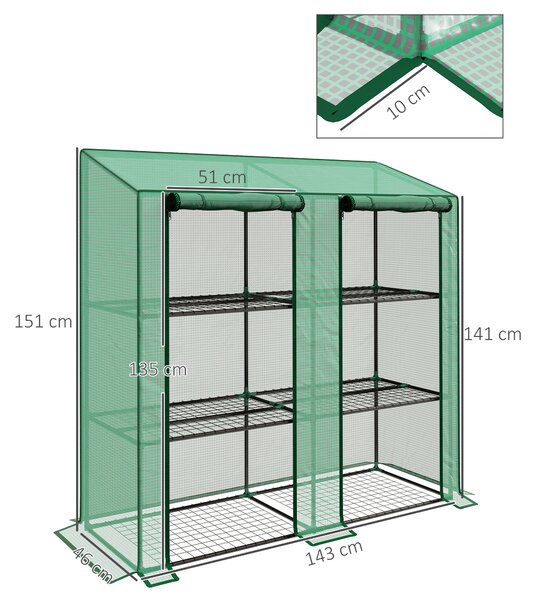 Outsunny Serra da Giardino con Copertura in PE, 6 Mensole e 2 Porte Avvolgibili, 143x46x151cm, Verde|Aosom