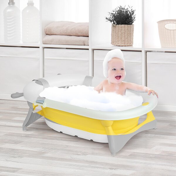 HOMCOM Vaschetta Bagnetto Pieghevole per Bambini 0-3 Anni con Indicatore di Temperatura e Cuscino, 81.5x50.5x23.5 cm, Bianco|Aosom