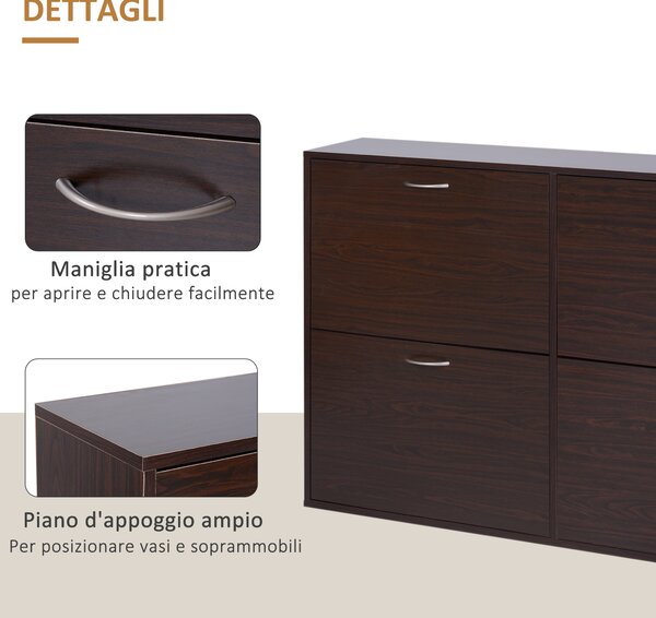 HOMCOM Scarpiera Salvaspazio da 24 Paia con Mensole Regolabili e 4 Cassetti, in Legno, 120x24x81cm, Marrone