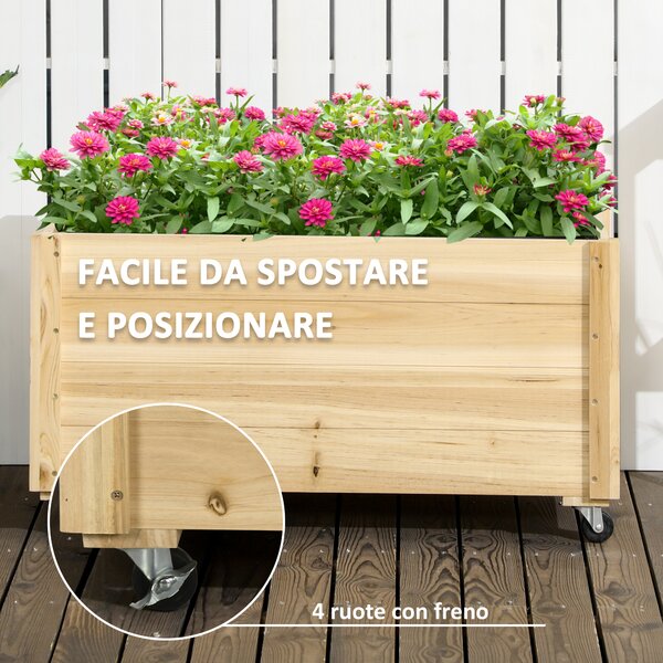 Outsunny Fioriera da Giardino con Foro di Drenaggio e Rotelle, in Legno di Abete, 89x48x47 cm|Aosom