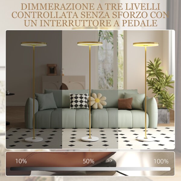 HOMCOM Lampada da Terra Moderna con Luce Dimmerabile con Interruttore a Pedale e 3 Luminosità, Oro | Aosom Italy