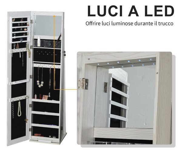 HOMCOM Specchio Portagioie a LED con 4 Scaffali e Spazi Portaoggetti, in Legno e Vetro, 15x15x61.75 cm, Bianco | Aosom Italy