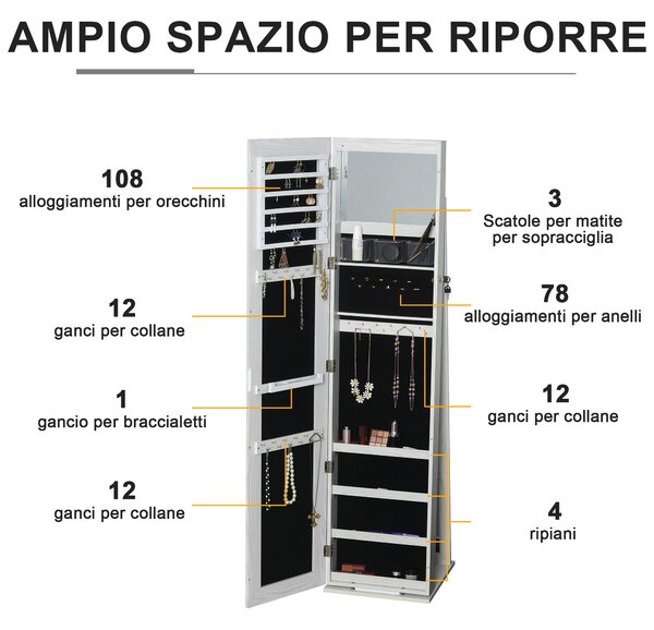 HOMCOM Specchio Portagioie a LED con 4 Scaffali e Spazi Portaoggetti, in Legno e Vetro, 15x15x61.75 cm, Bianco | Aosom Italy