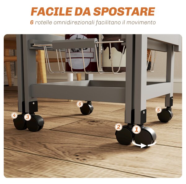 HOMCOM Carrello da Cucina con 3 Cestini, Cassetto e 2 Ribalte, in Legno e Metallo, 37x37x77.5 cm, Grigio e Rovere | Aosom Italy