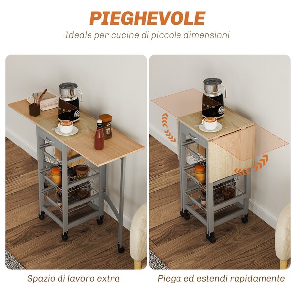 HOMCOM Carrello da Cucina con 3 Cestini, Cassetto e 2 Ribalte, in Legno e Metallo, 37x37x77.5 cm, Grigio e Rovere | Aosom Italy