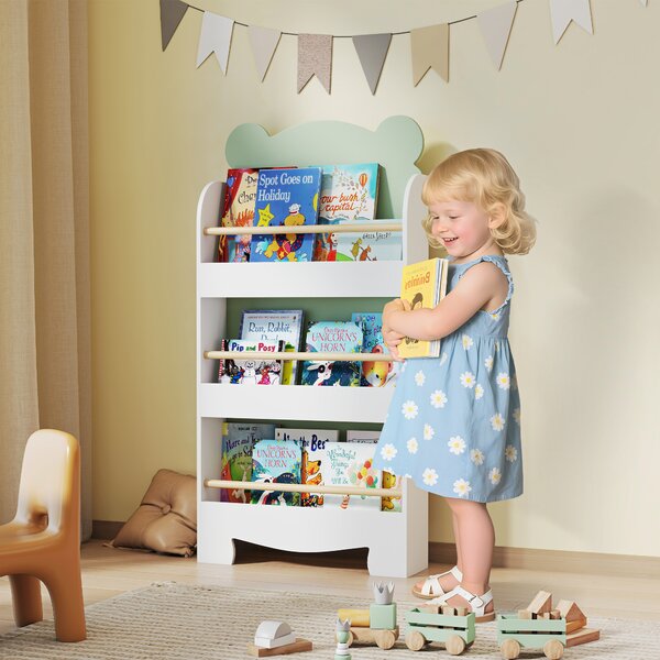 AIYAPLAY Libreria per Bambini con 3 Ripiani a Forma di Orsetto con Barriere Frontali, 55x15x110 cm, Verde | Aosom Italy