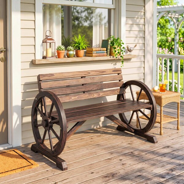 Outsunny Panchina da Giardino da 2 Posti con Braccioli a Ruota, Panchina da Esterno a Doghe in Legno di Abete, Stile Country, Panca per Terrazza Patio e Cortile, 105.5x56x79 cm, Carbonizzato | Aosom Italy